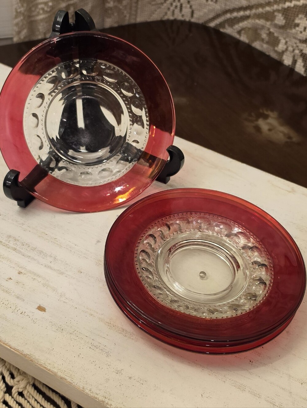 4 Vintage King's Crown Ruby Flash 6" Saucer Plates Thumbprint MCM Glass Lot